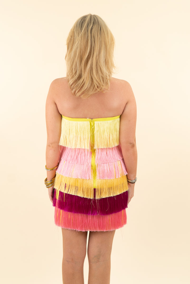 milly yellow and pink fringe tier strapless mini dress (6; retail $595)