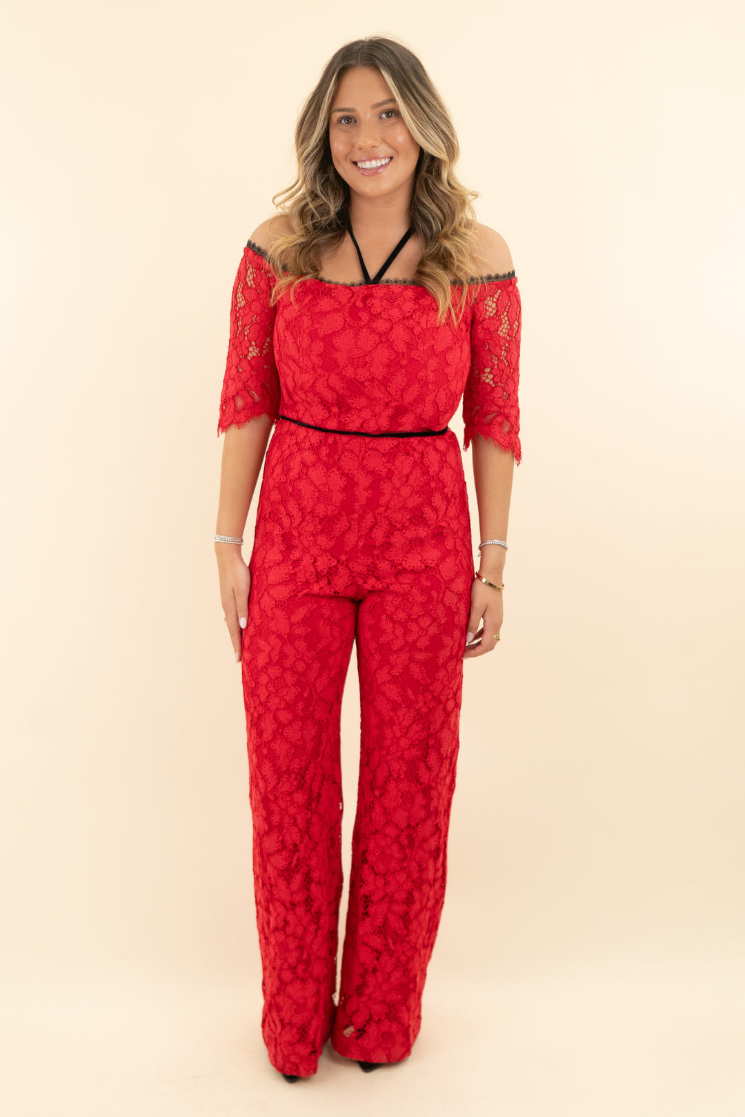 alexis red lace off the shoulder flare leg jumpsuit (m; retail $635)