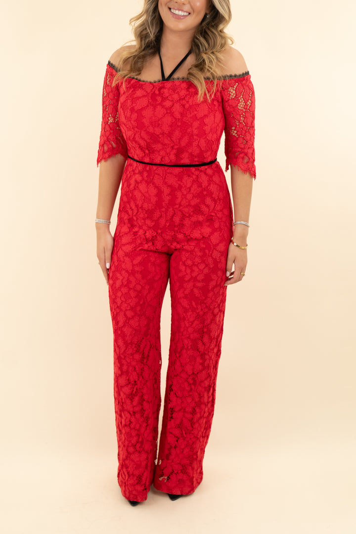 alexis red lace off the shoulder flare leg jumpsuit (m; retail $635)