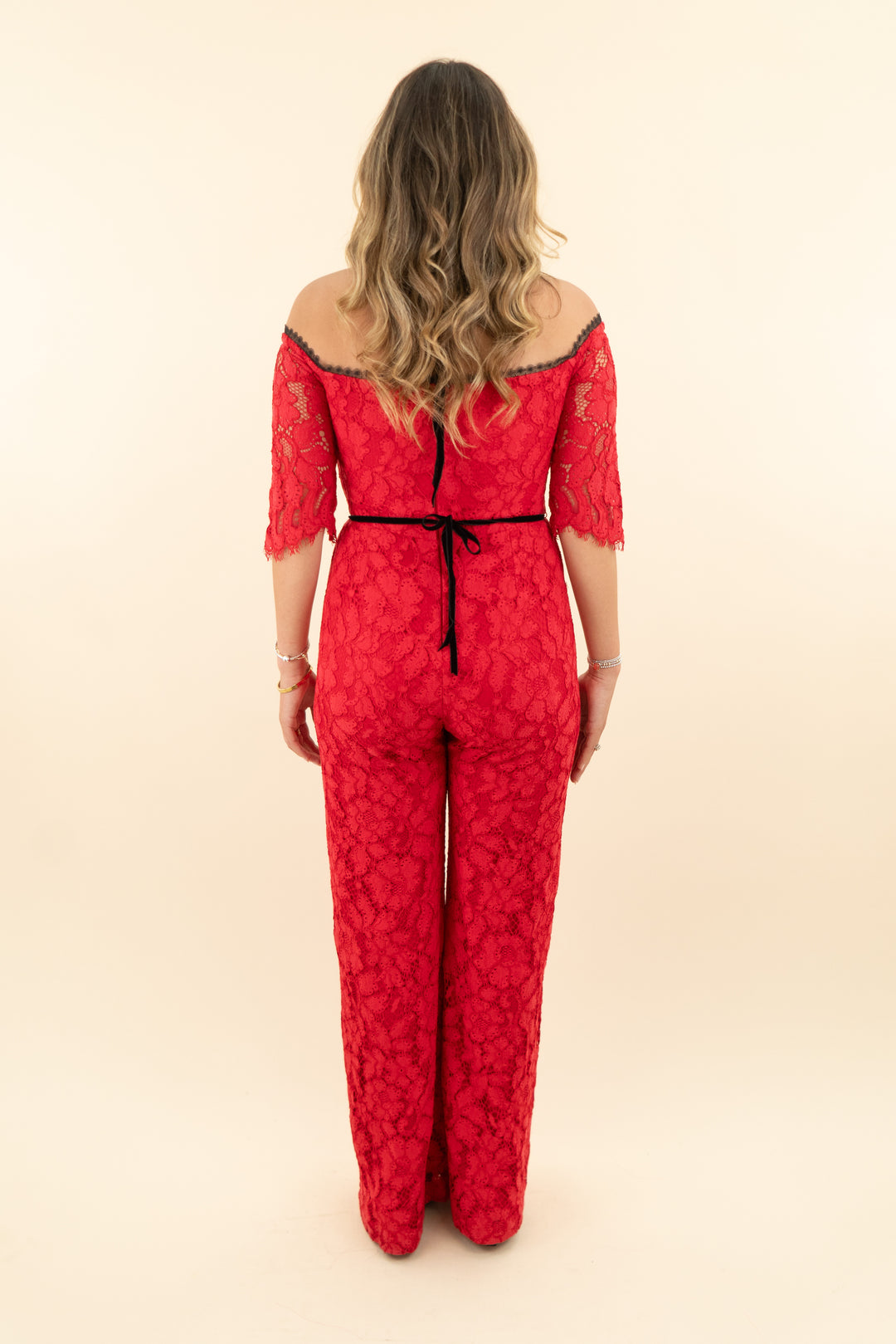 alexis red lace off the shoulder flare leg jumpsuit (m; retail $635)