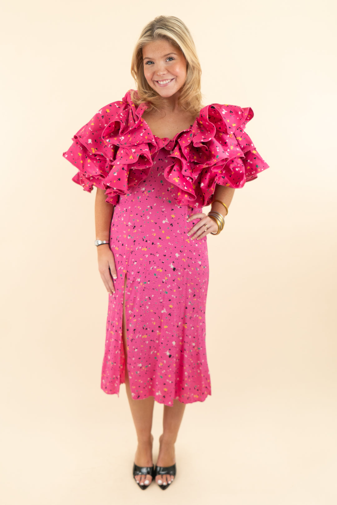 rotate pink paint splash ruffle carmen dress nwt (40; retail $424)