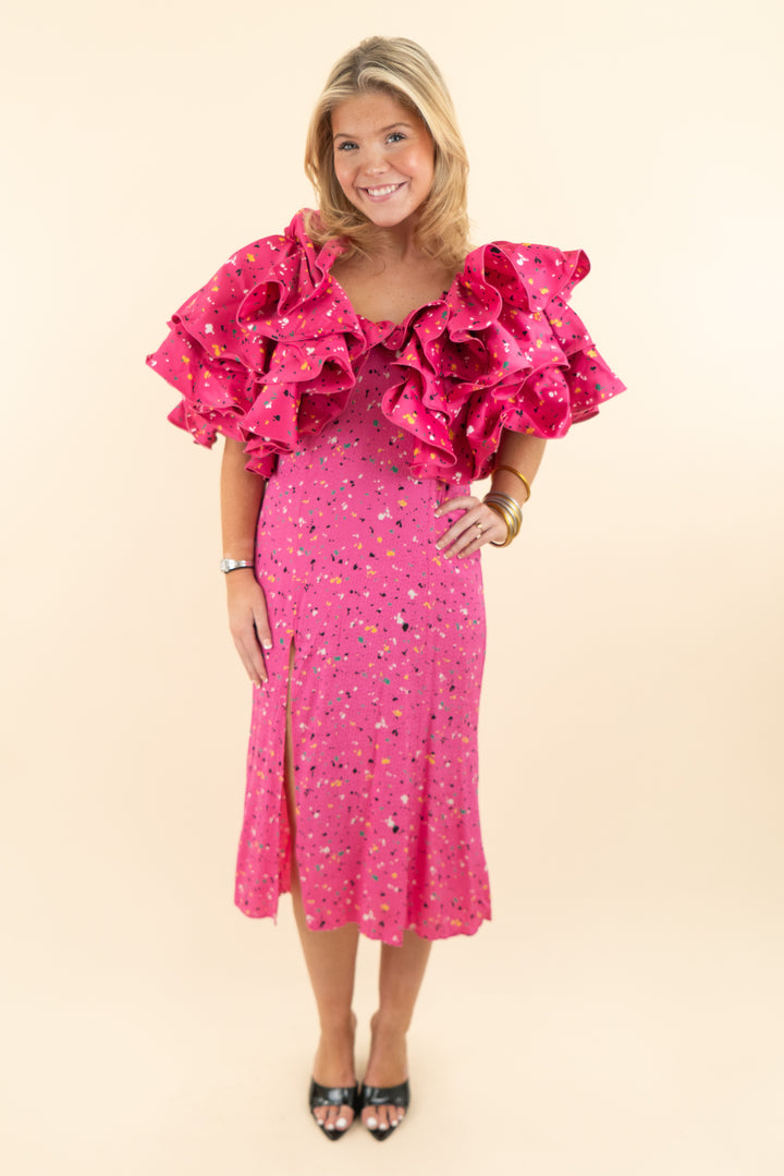 rotate pink paint splash ruffle carmen dress nwt (40; retail $424)