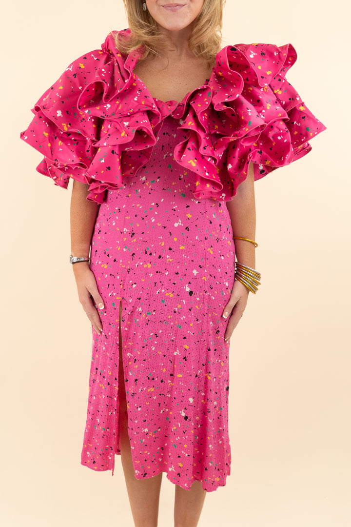 rotate pink paint splash ruffle carmen dress nwt (40; retail $424)