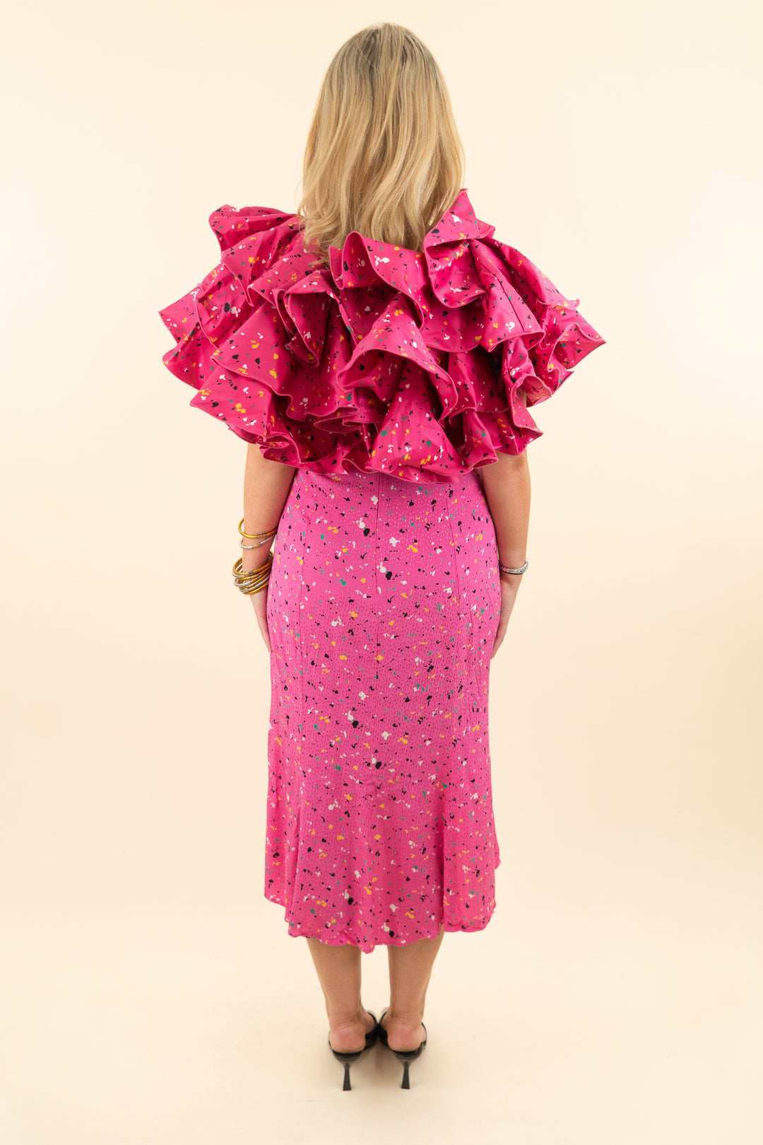 rotate pink paint splash ruffle carmen dress nwt (40; retail $424)