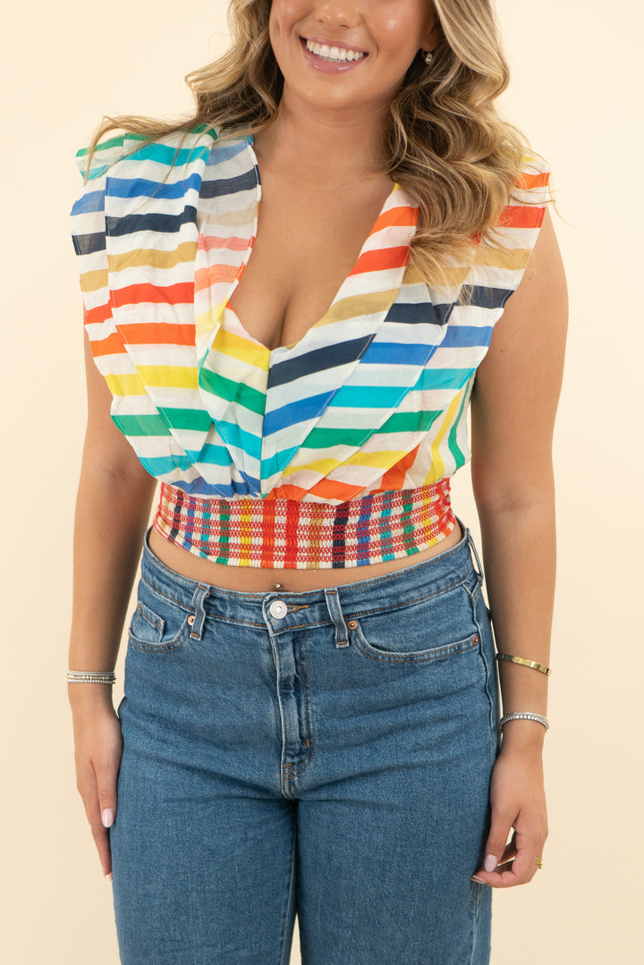 alice + olivia multicolor striped ruffle shirred crop top (6; retail $285)