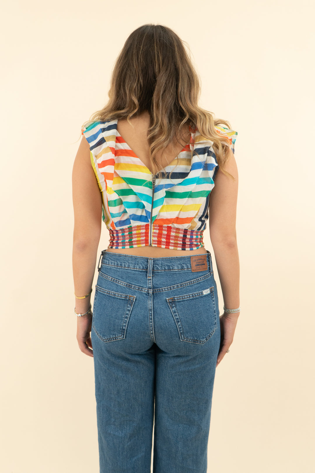 alice + olivia multicolor striped ruffle shirred crop top (6; retail $285)