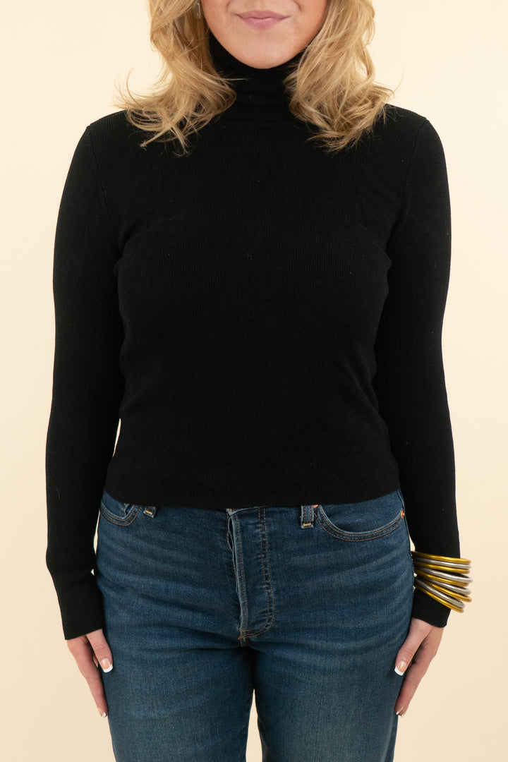 zara black ribbed knit turtleneck long sleeve top (l; retail $69)