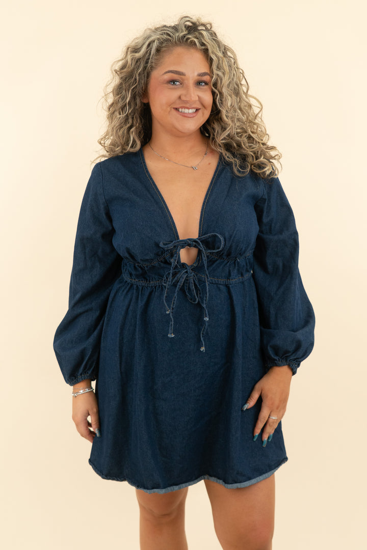 dark denim chambray dress w/ front ties (l; retail $55)