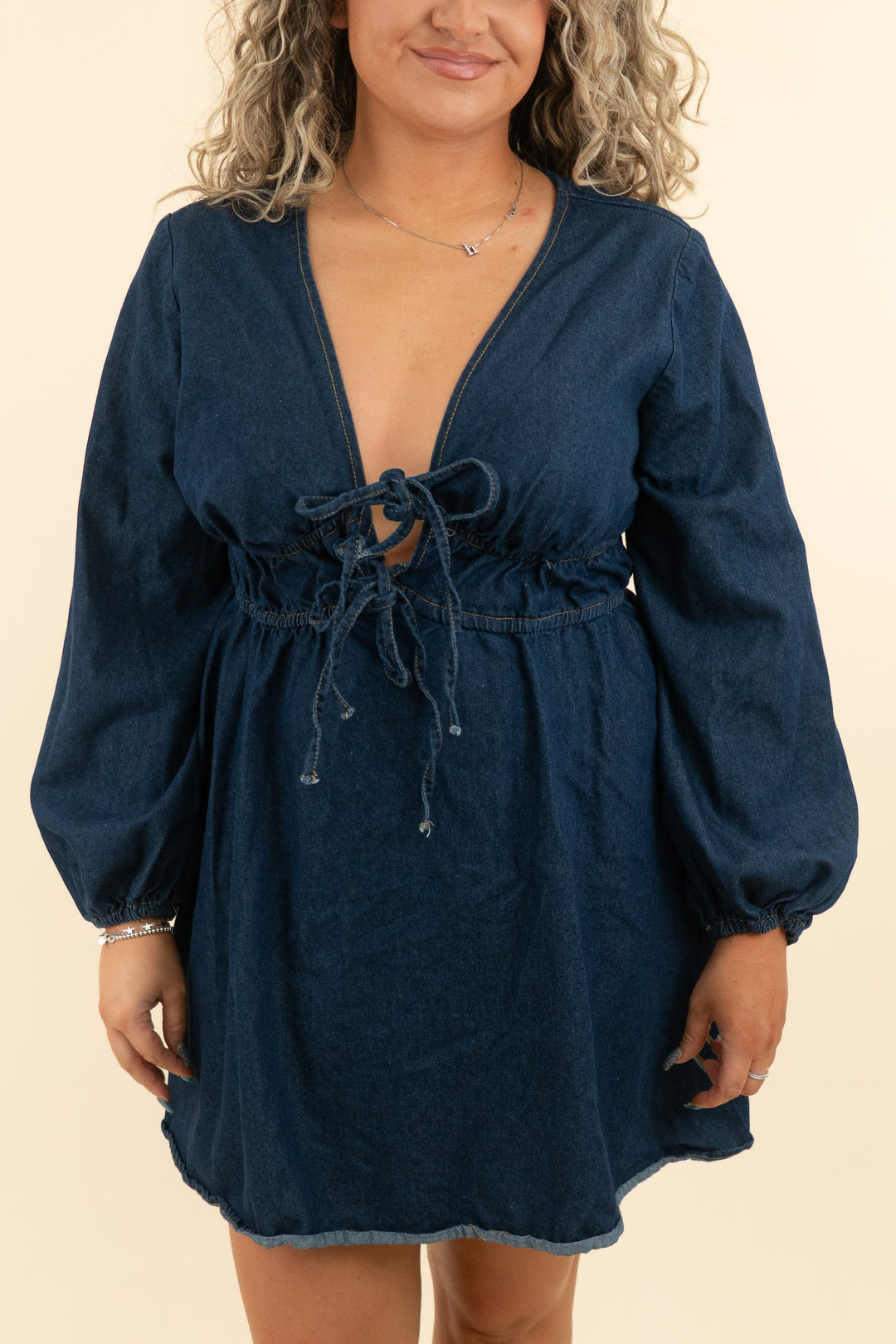 dark denim chambray dress w/ front ties (l; retail $55)