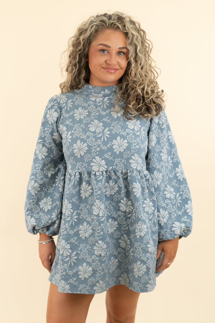 aveloria blue floral puff sleeve midi dress (l; retail $30)