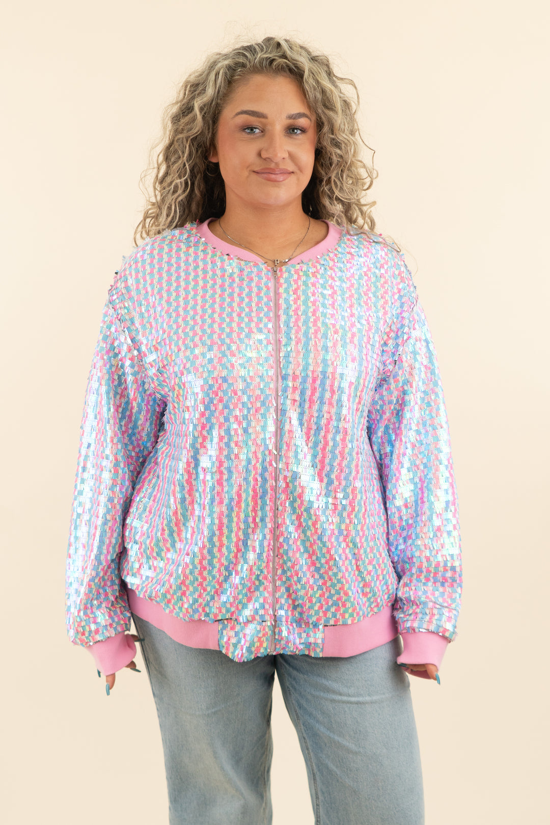 fantastic fawn pink & blue sequin jacket (l; retail $75)