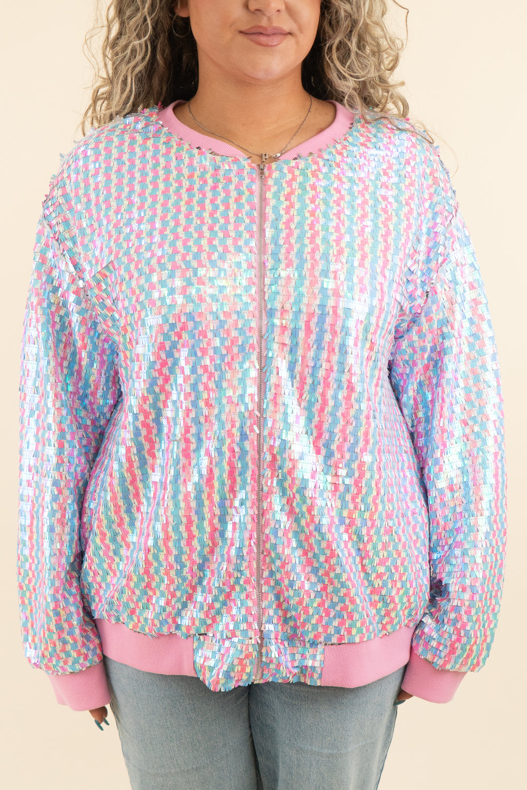 fantastic fawn pink & blue sequin jacket (l; retail $75)