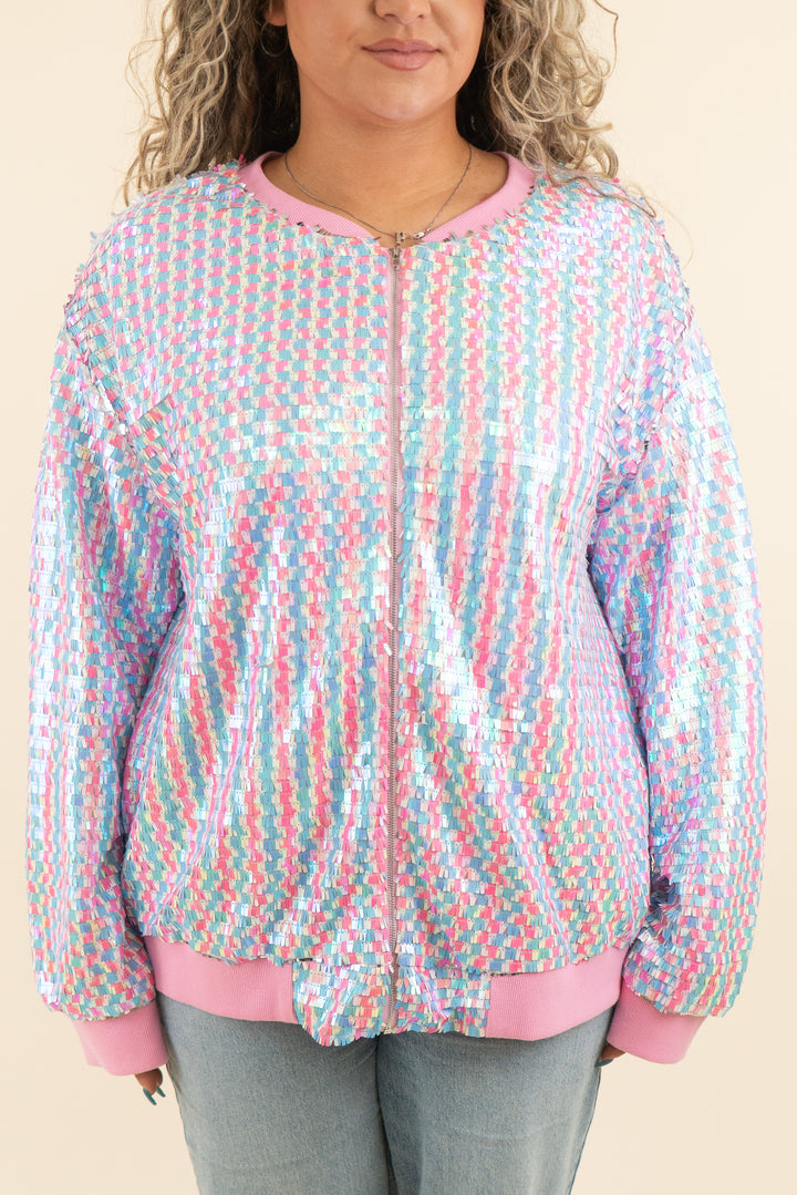 fantastic fawn pink & blue sequin jacket (l; retail $75)