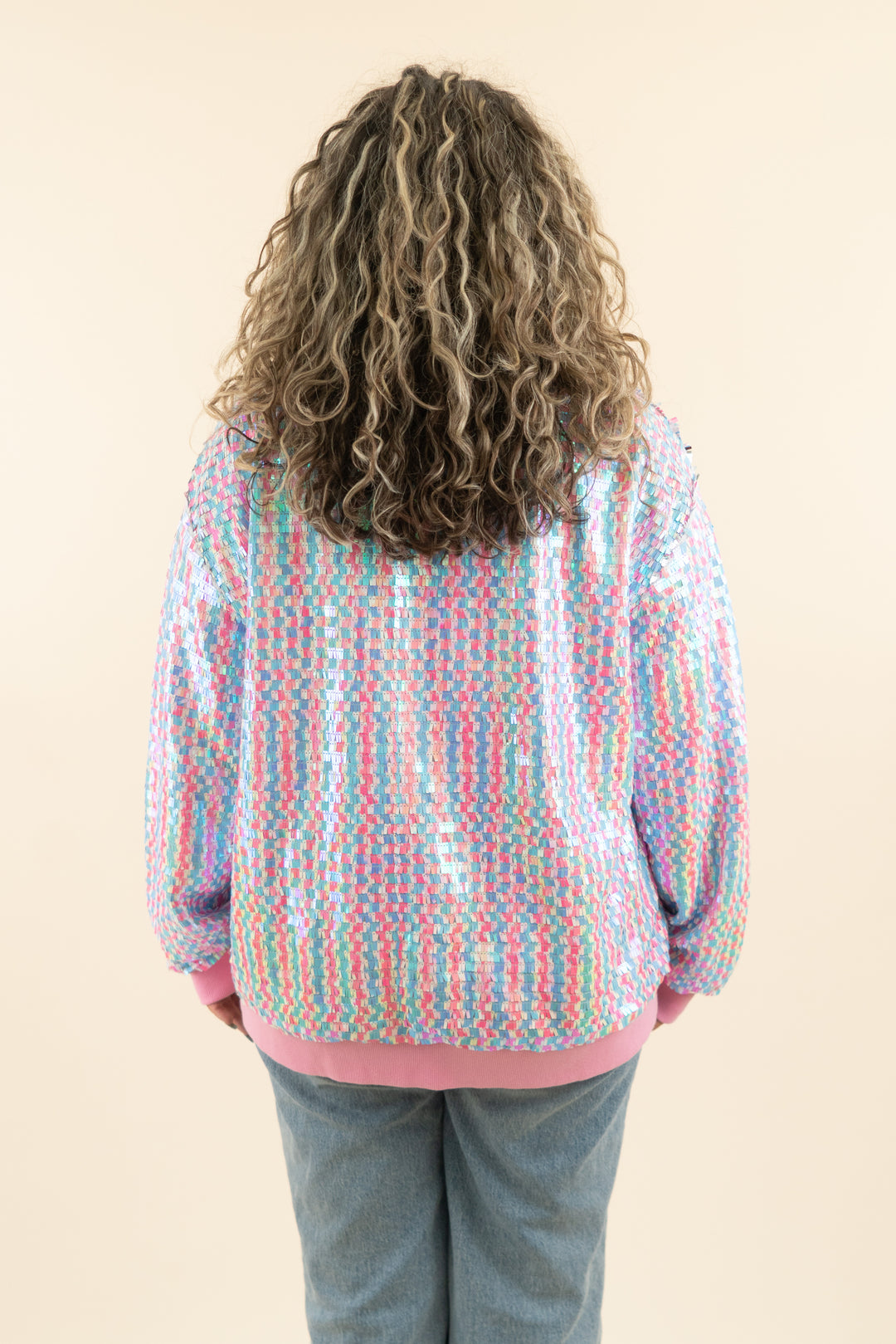 fantastic fawn pink & blue sequin jacket (l; retail $75)