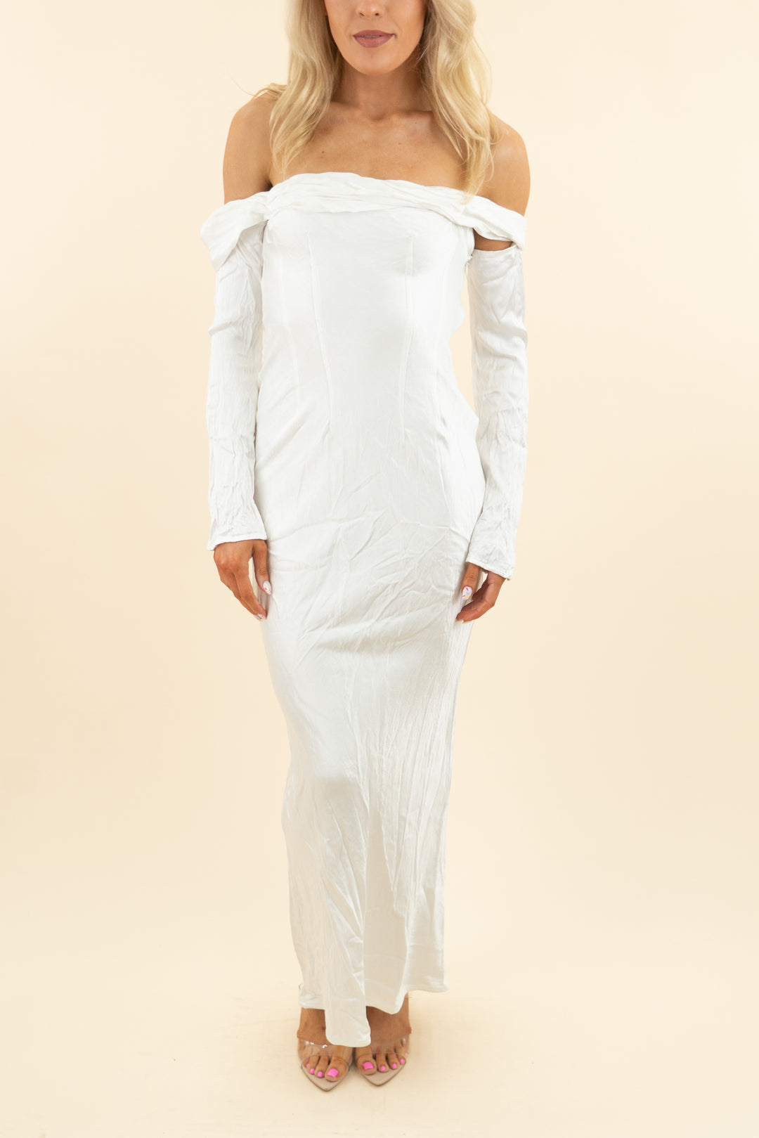 meshki white satin off shoulder l/s dress (s; retail $165)
