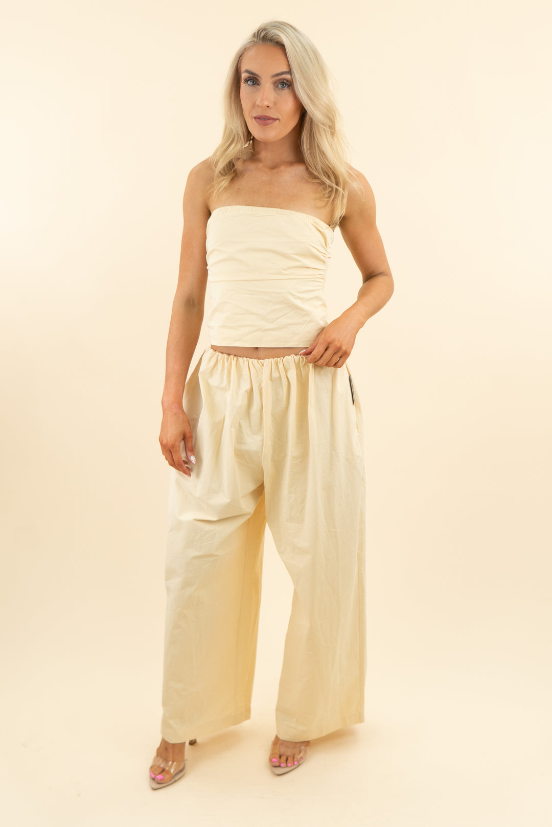 lioness tidekiss strapless top & pant set in lemontini nwt (s; retail $155)