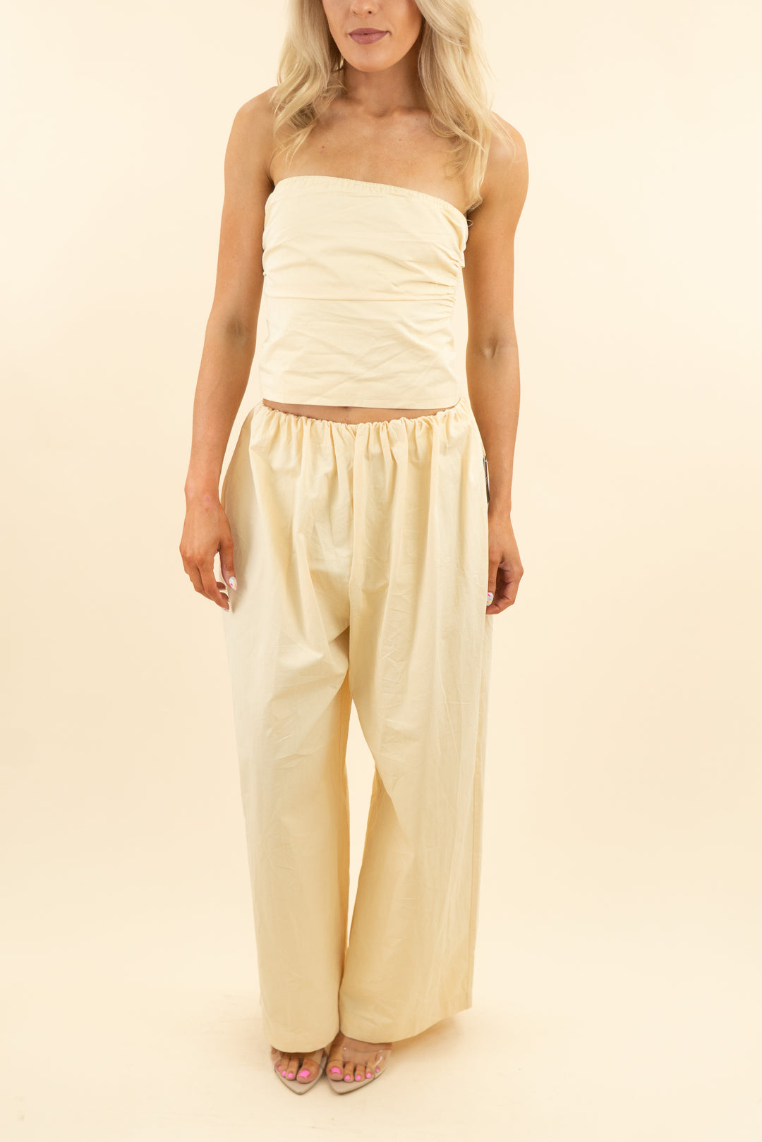 lioness tidekiss strapless top & pant set in lemontini nwt (s; retail $155)