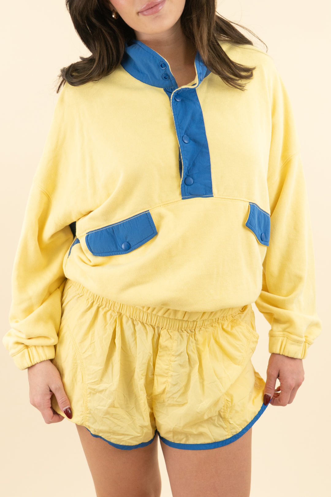 fp movement yellow & blue mockneck pullover & short set (m; retail $128)