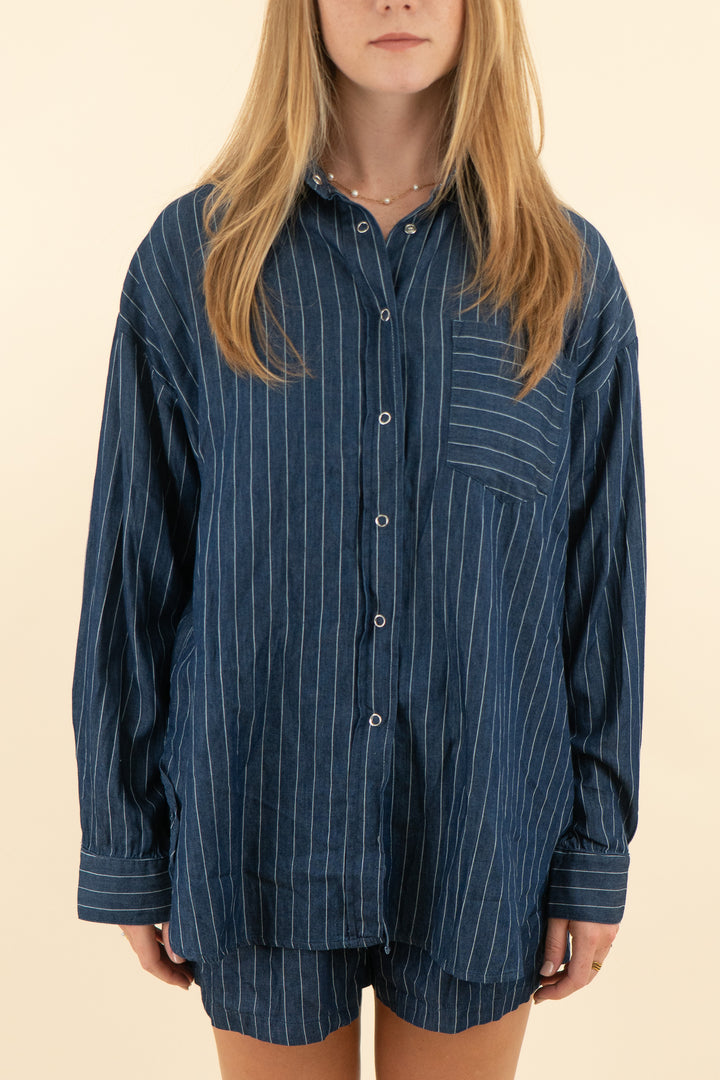 klesis dark chambray striped top & short set (m; retail $70)