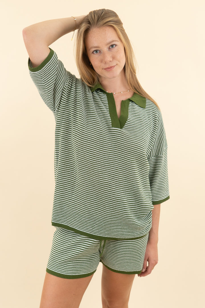tankaneo army green & white stripe waffle knit short set nwt (m; retail $46)
