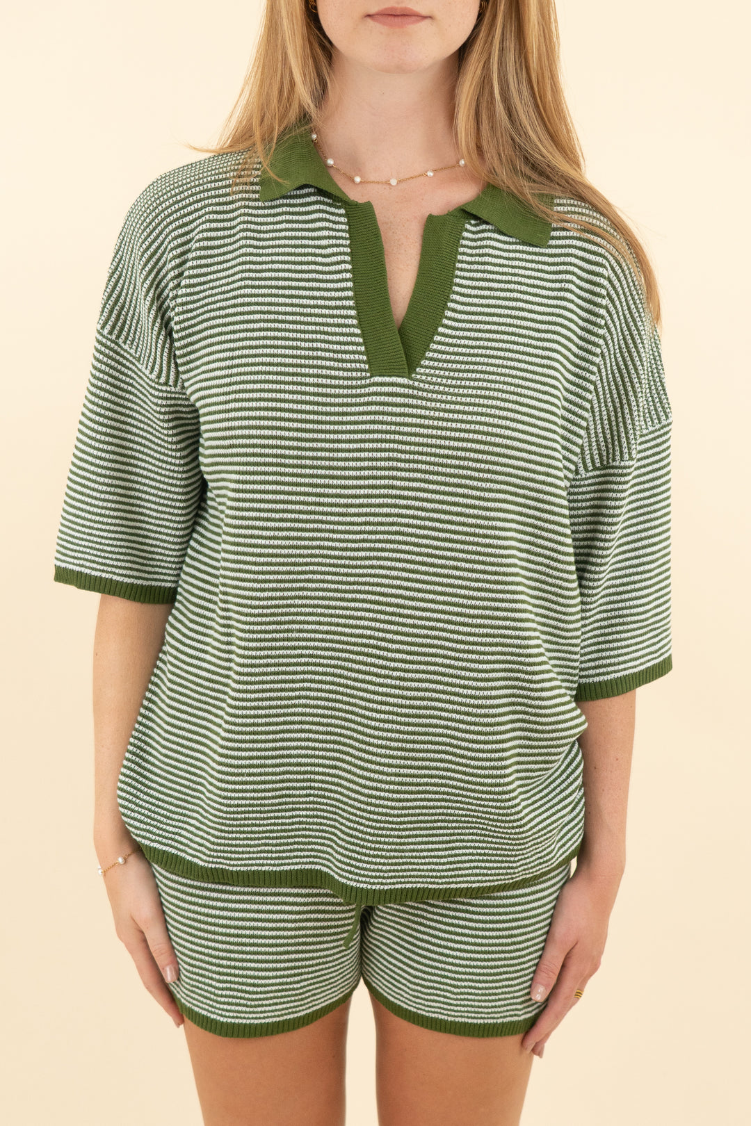 tankaneo army green & white stripe waffle knit short set nwt (m; retail $46)