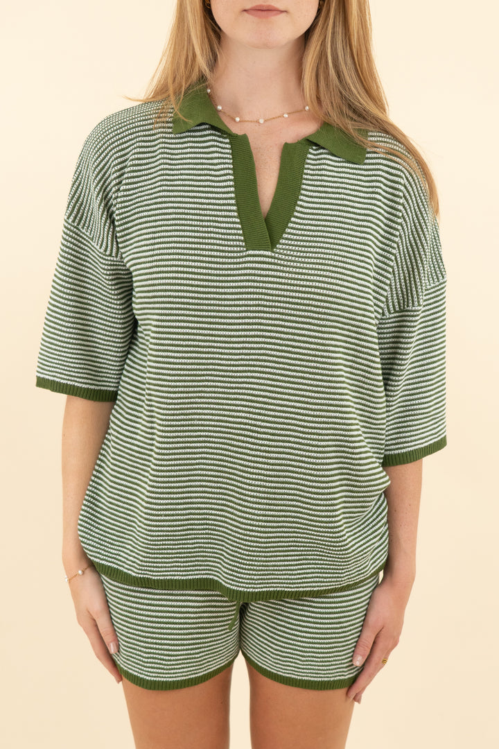 tankaneo army green & white stripe waffle knit short set nwt (m; retail $46)