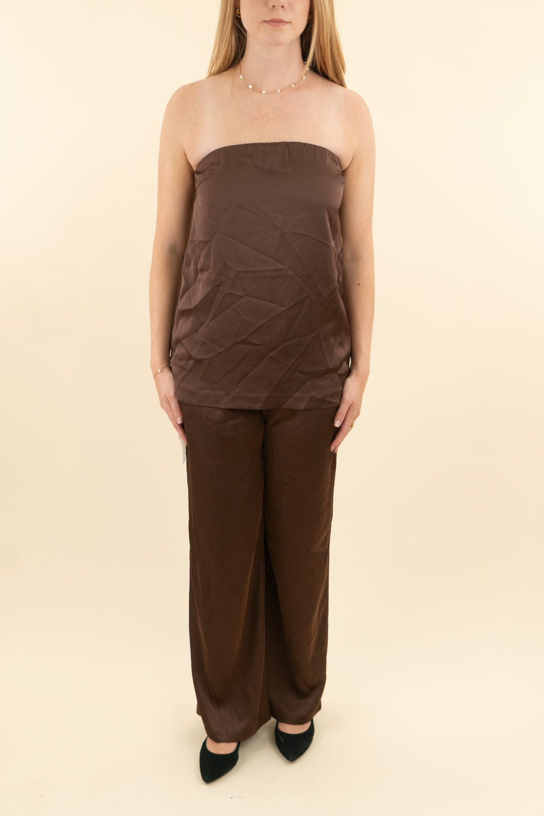 lovers & friends chocolate strapless top & pant set nwt (s; retail $340)