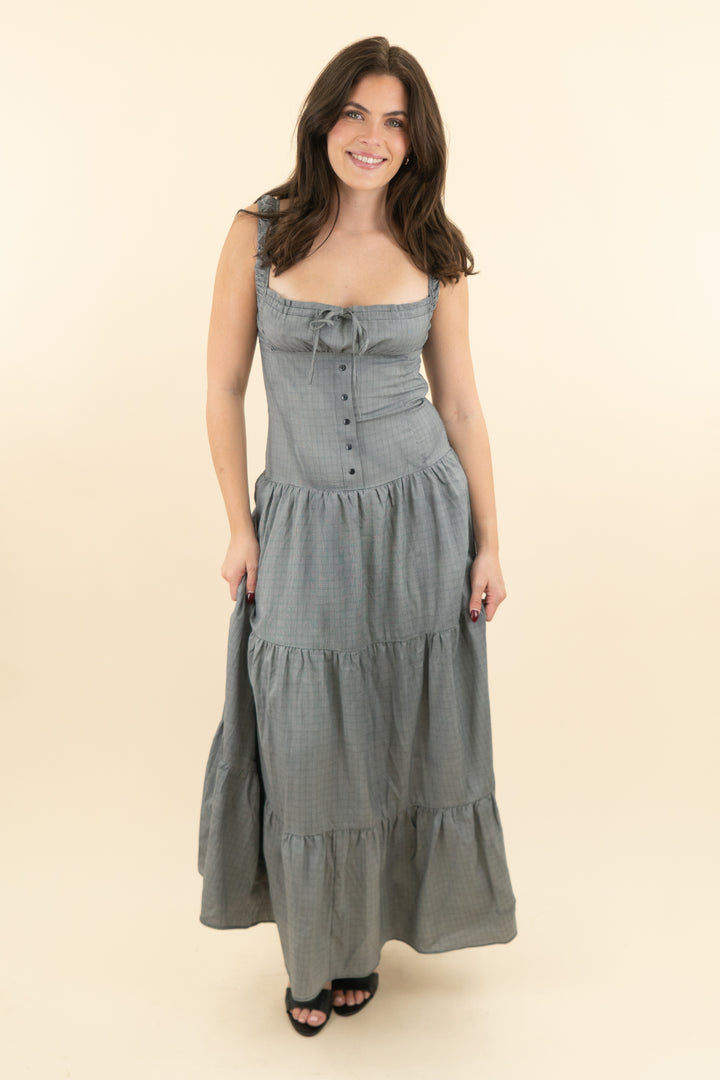 lioness gray plaid drop waist maxi dress (s; retail $99)