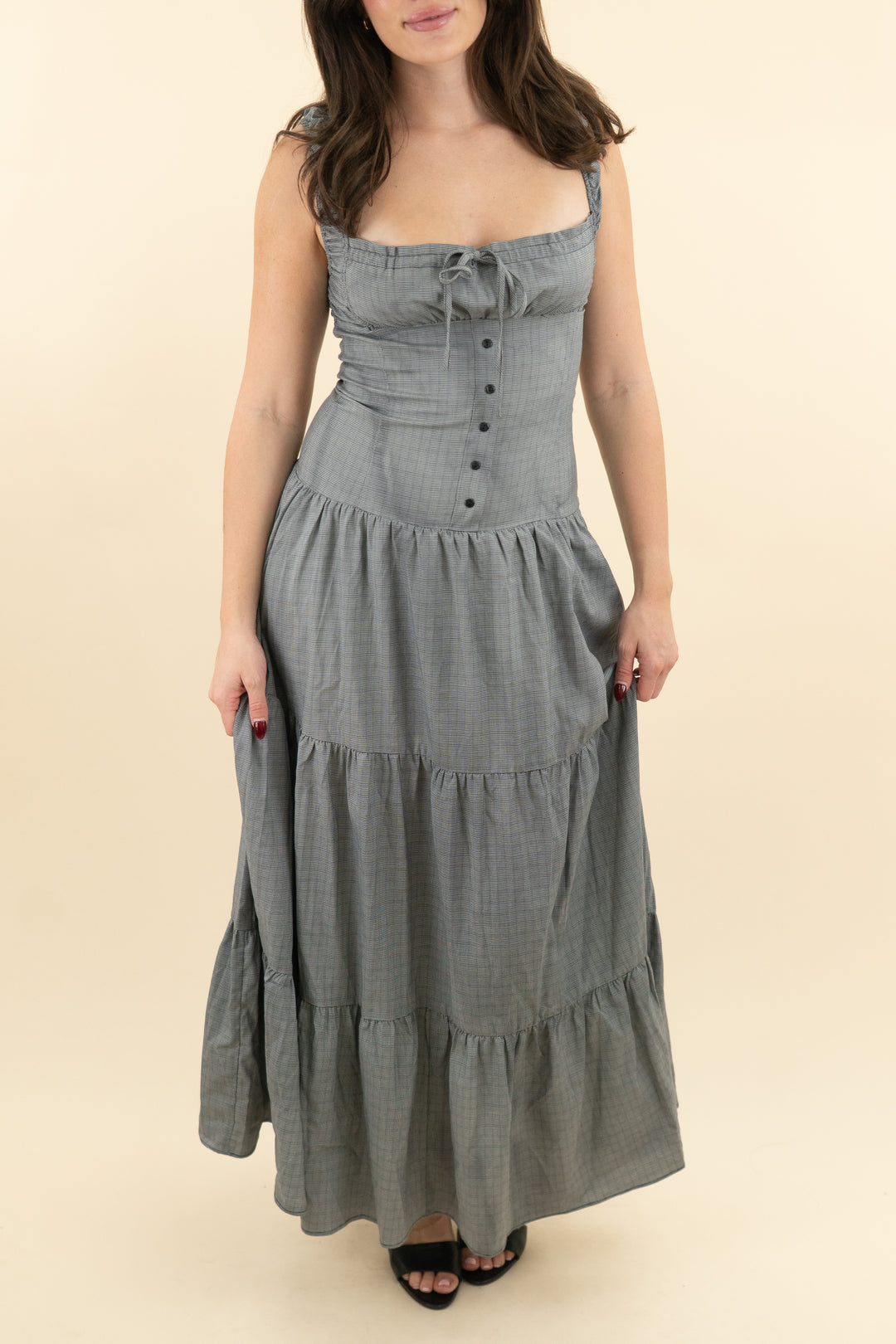 lioness gray plaid drop waist maxi dress (s; retail $99)
