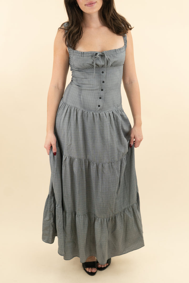 lioness gray plaid drop waist maxi dress (s; retail $99)