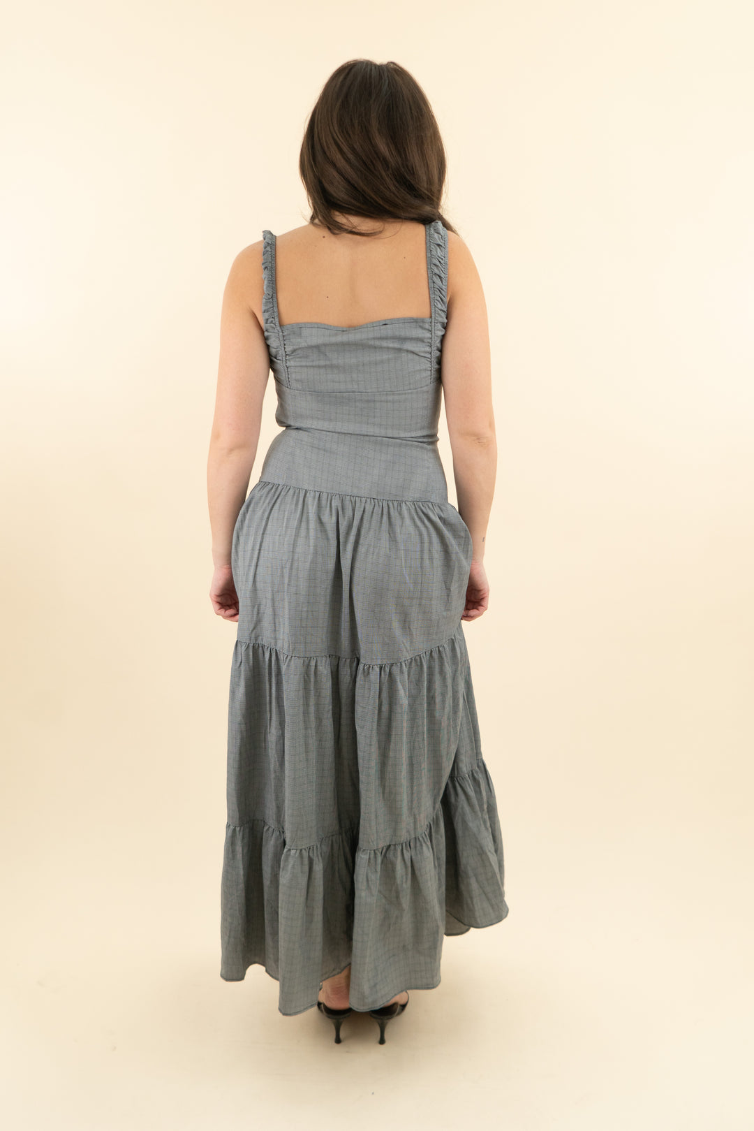 lioness gray plaid drop waist maxi dress (s; retail $99)