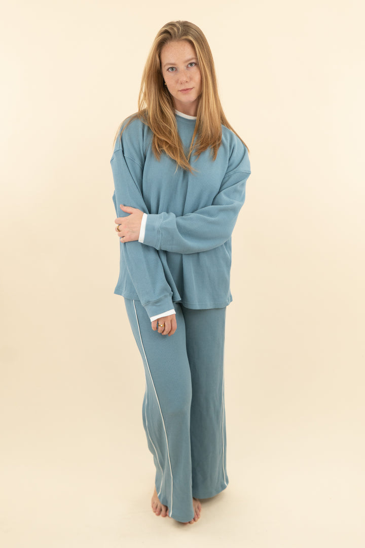 foxy kind slate blue waffle knit top & pant set nwt (s; retail $107)