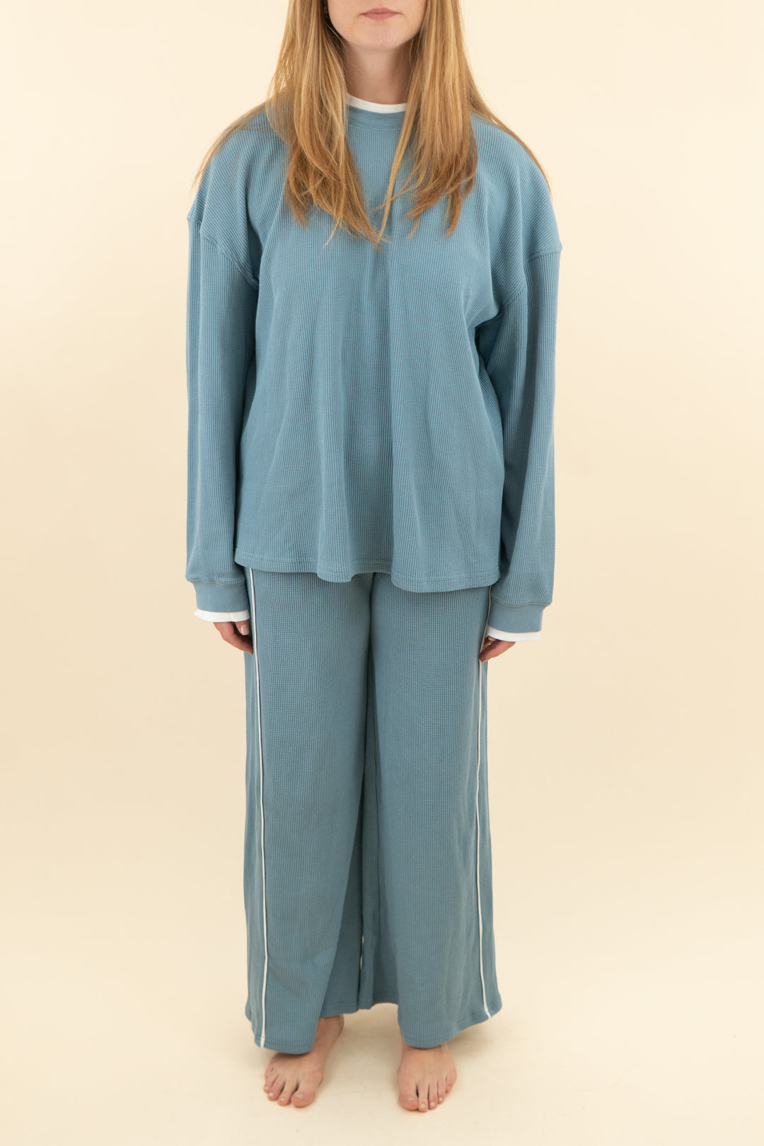 foxy kind slate blue waffle knit top & pant set nwt (s; retail $107)