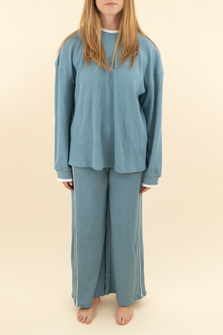 foxy kind slate blue waffle knit top & pant set nwt (s; retail $107)
