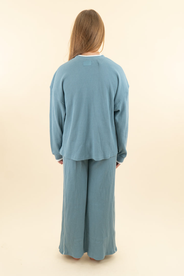 foxy kind slate blue waffle knit top & pant set nwt (s; retail $107)