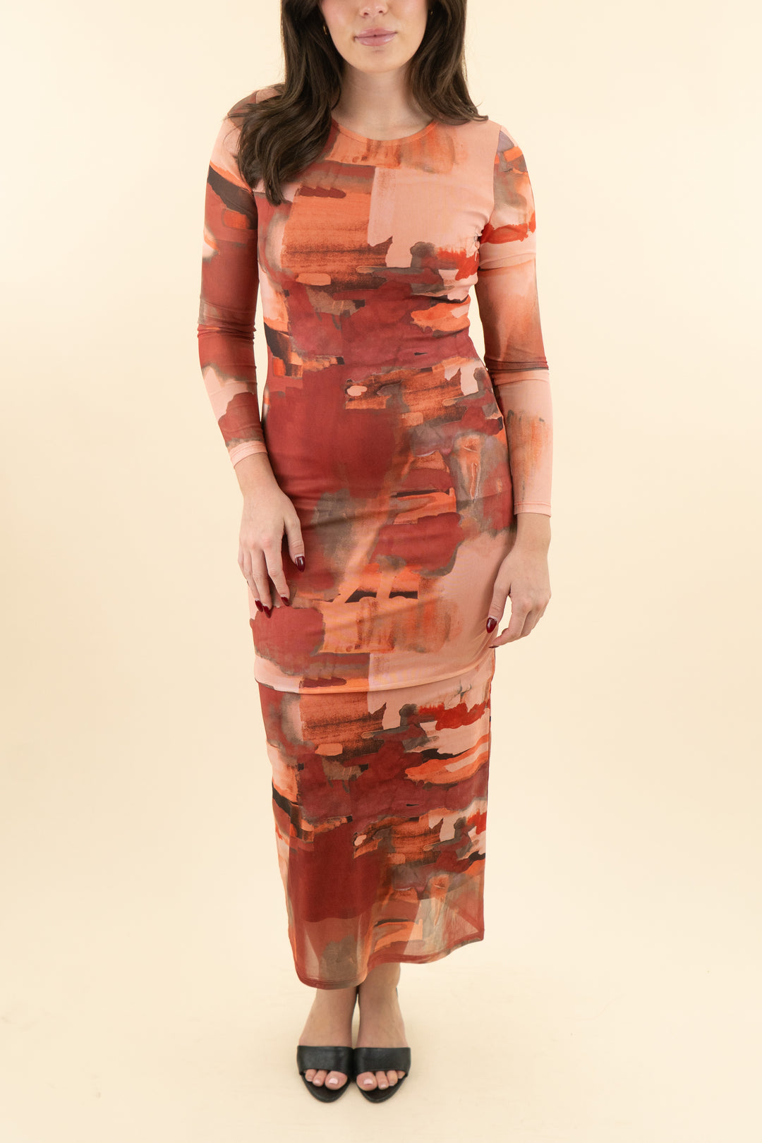 12th tribe multi colored terracotta bodycon l/s dress (s; retail $88)