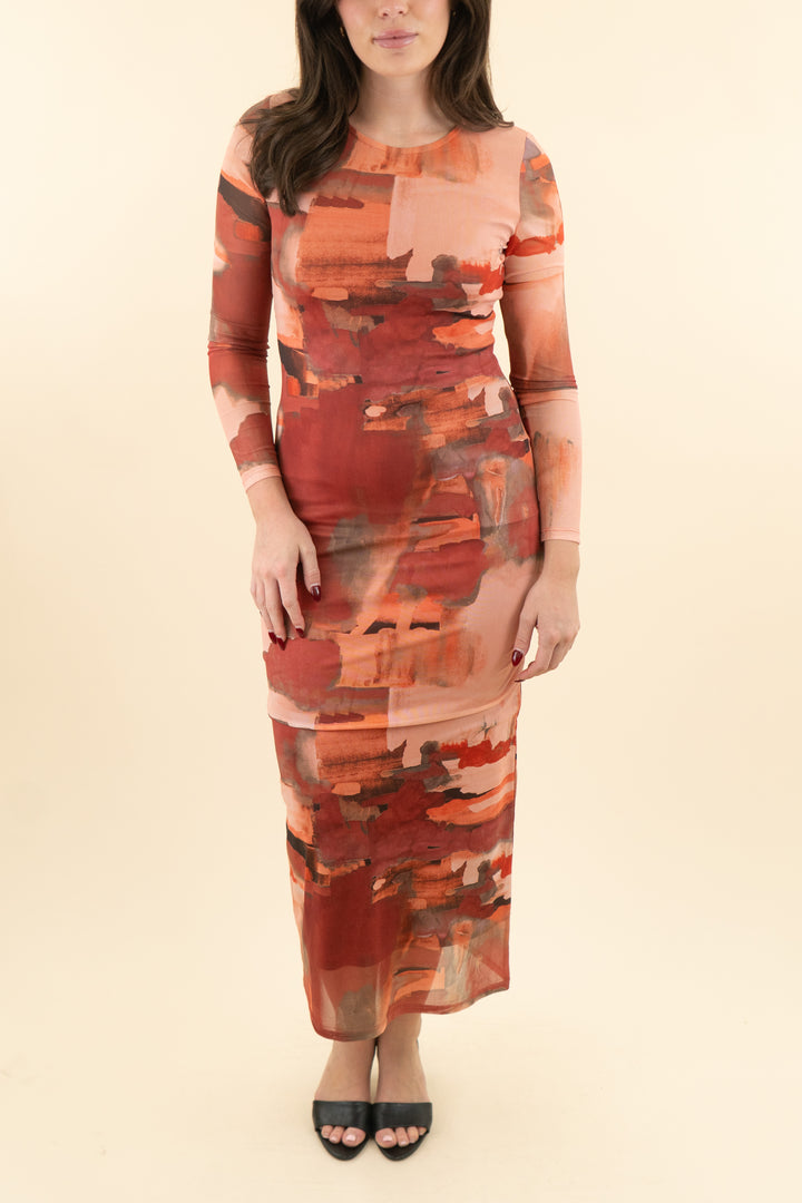 12th tribe multi colored terracotta bodycon l/s dress (s; retail $88)