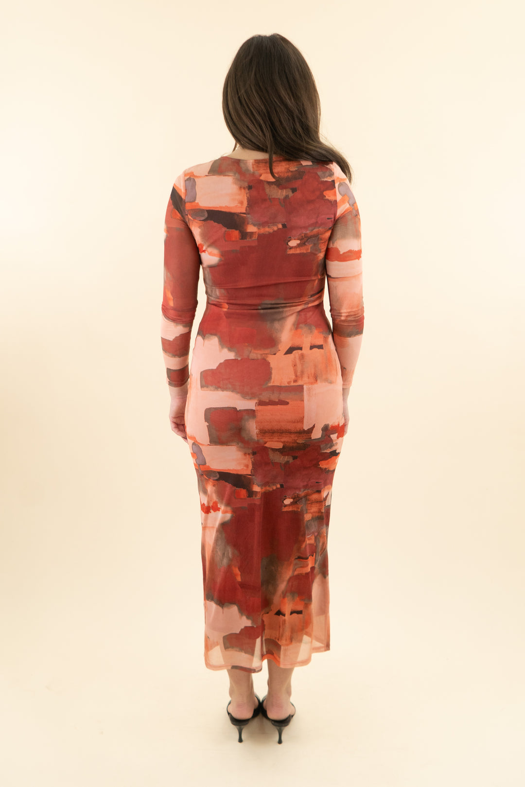 12th tribe multi colored terracotta bodycon l/s dress (s; retail $88)