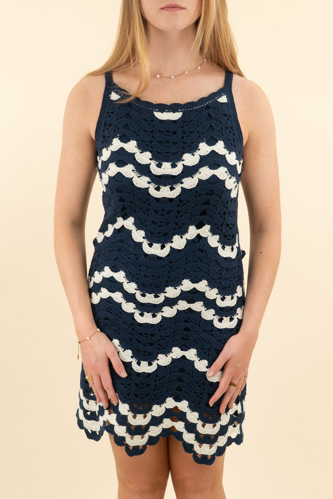 house of harlow navy and white crochet sleeveless dress (s; retail $89)