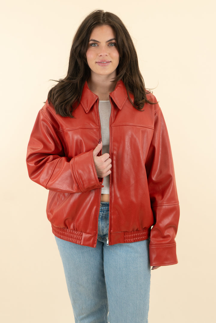 zara rust faux leather bomber jacket nwt (m; retail $69.90)