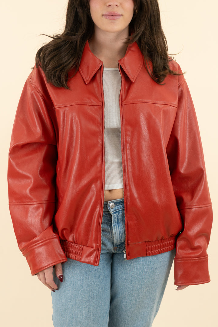 zara rust faux leather bomber jacket nwt (m; retail $69.90)