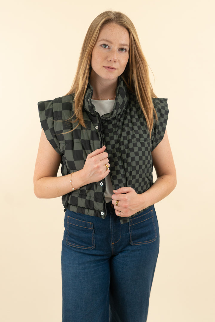 beach riot black and green checkered puffer vest (m; retail $168)