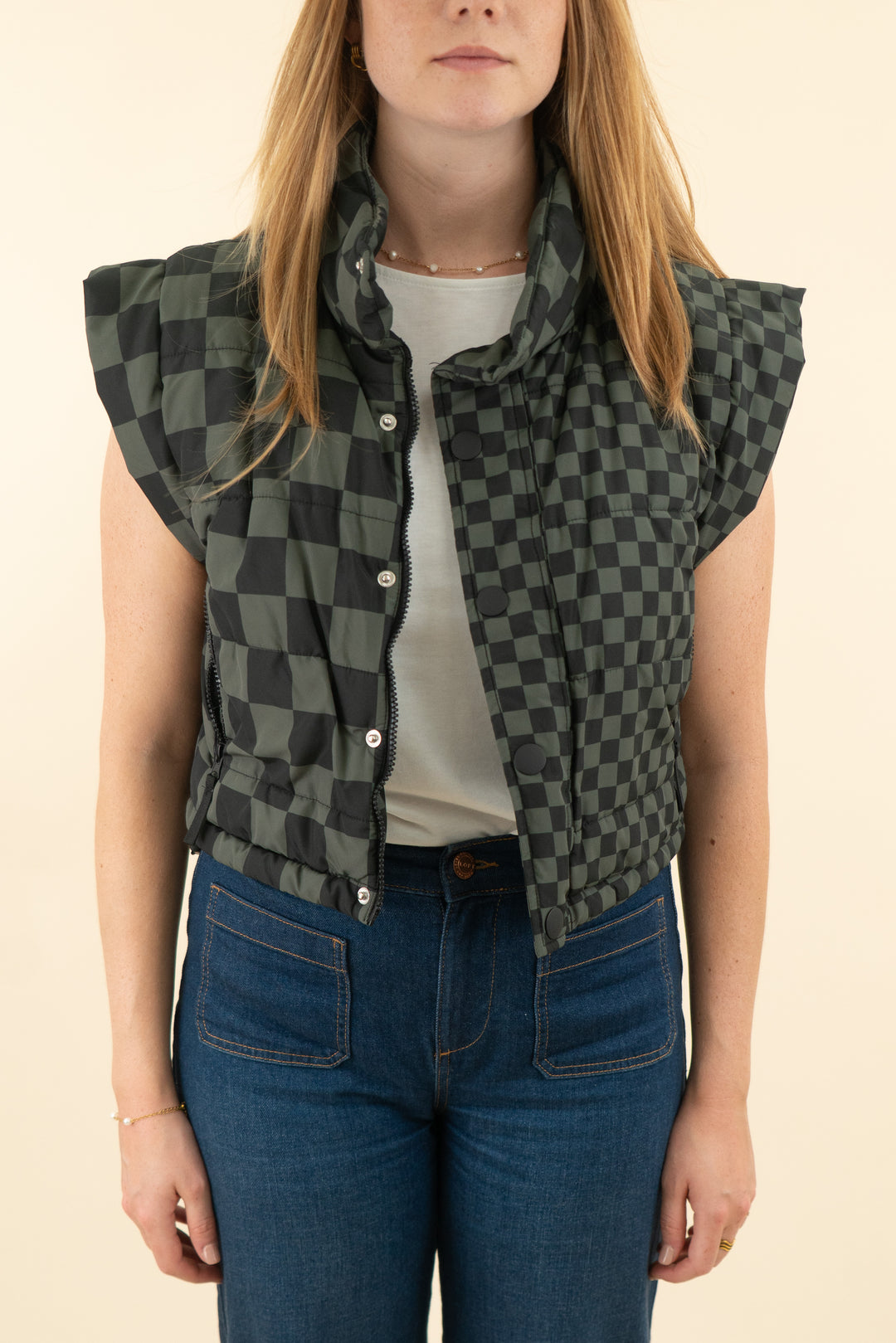 beach riot black and green checkered puffer vest (m; retail $168)