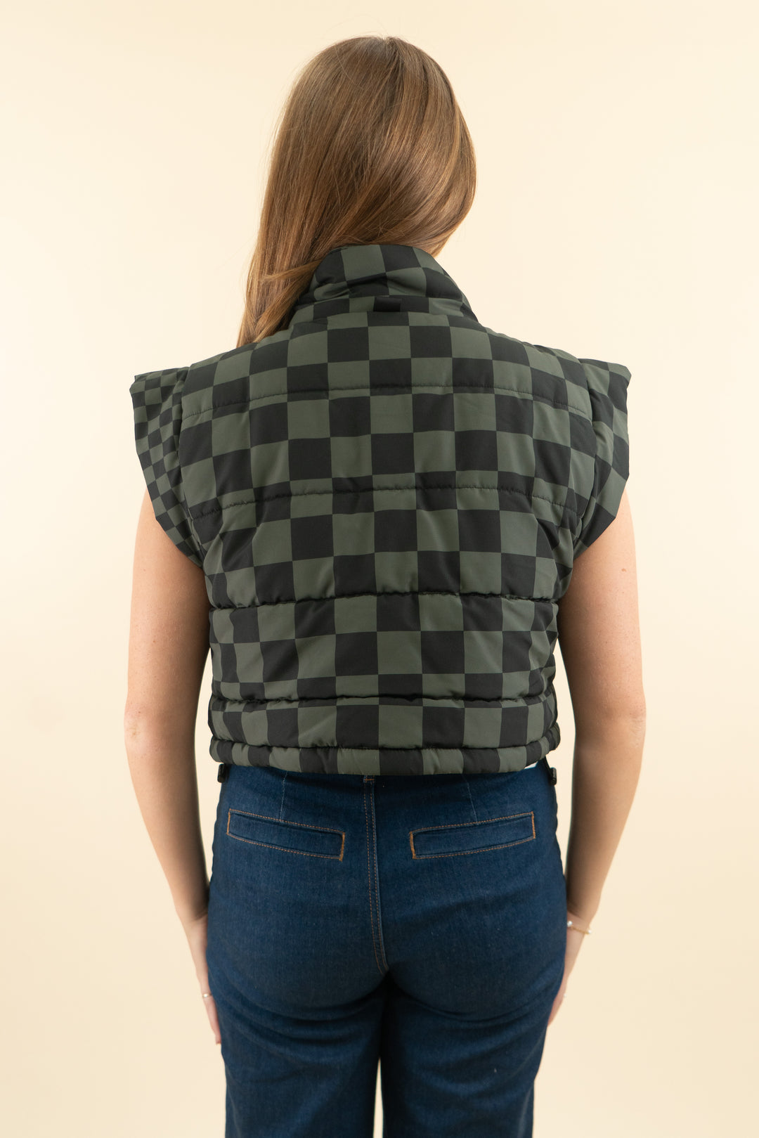 beach riot black and green checkered puffer vest (m; retail $168)