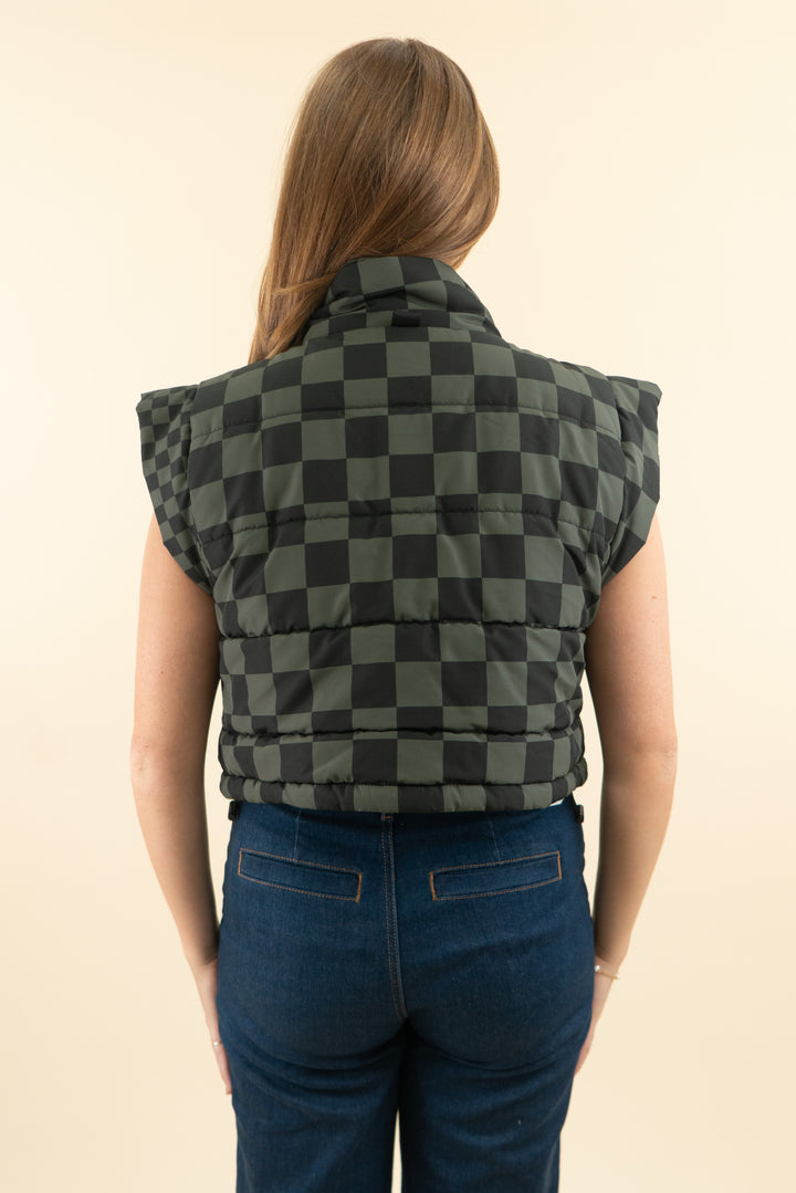 beach riot black and green checkered puffer vest (m; retail $168)