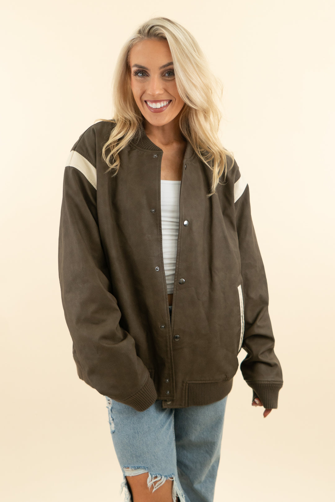 abercrombie & fitch olive green faux leather varsity jacket (xl; retail $180)