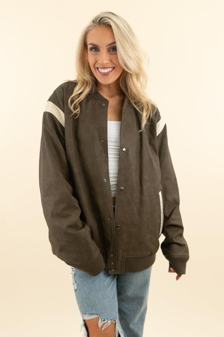 abercrombie & fitch olive green faux leather varsity jacket (xl; retail $180)