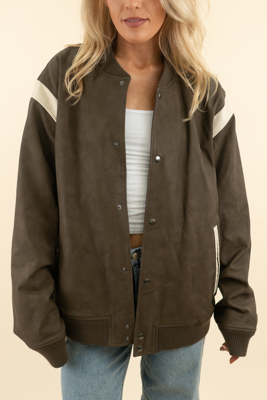 abercrombie & fitch olive green faux leather varsity jacket (xl; retail $180)