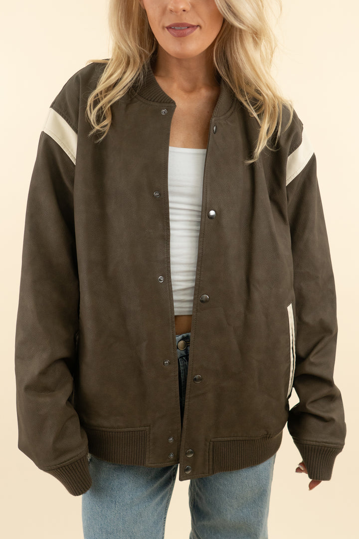 abercrombie & fitch olive green faux leather varsity jacket (xl; retail $180)