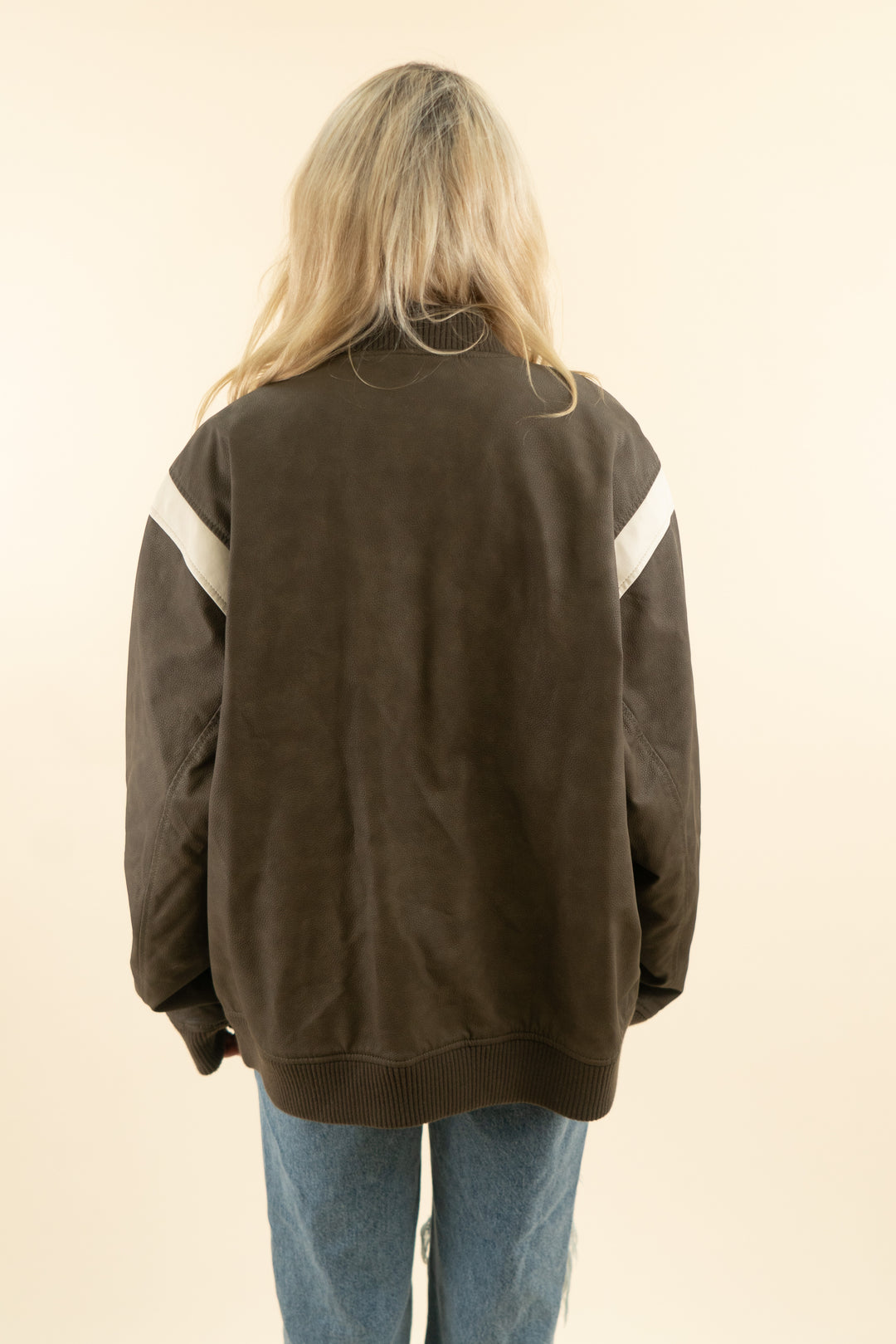 abercrombie & fitch olive green faux leather varsity jacket (xl; retail $180)